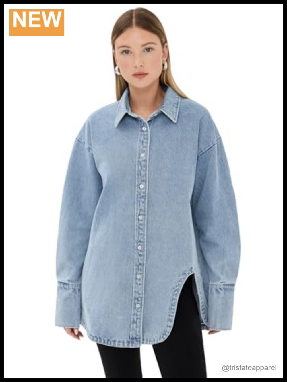 Heavyweight 100% Cotton Denim Button Down Shirt with Asymmetrical Cutout Hem